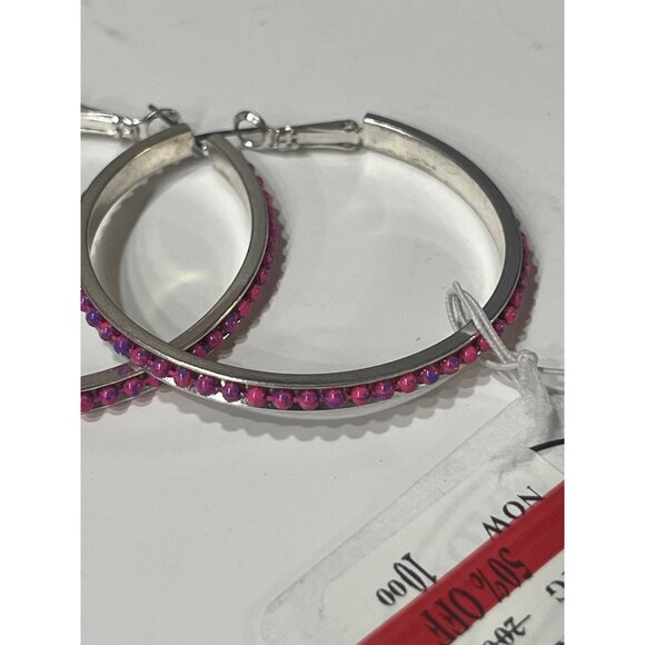 Steve Madden Silver-tone  Hoop Earrings With Pink Beaded Detailing - Picture 9 of 9